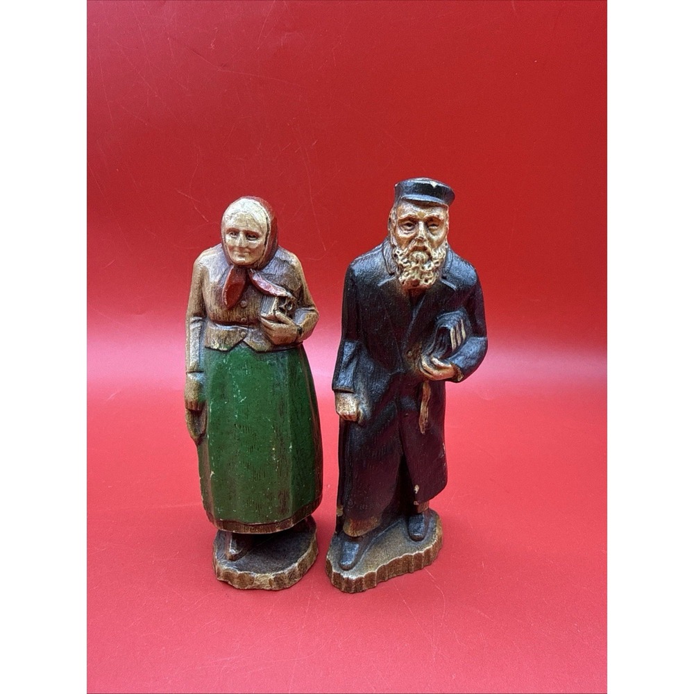 Syroco Carved Wood Judaica Woman & Man Painted Old Vintage Figures Jewish 1930s